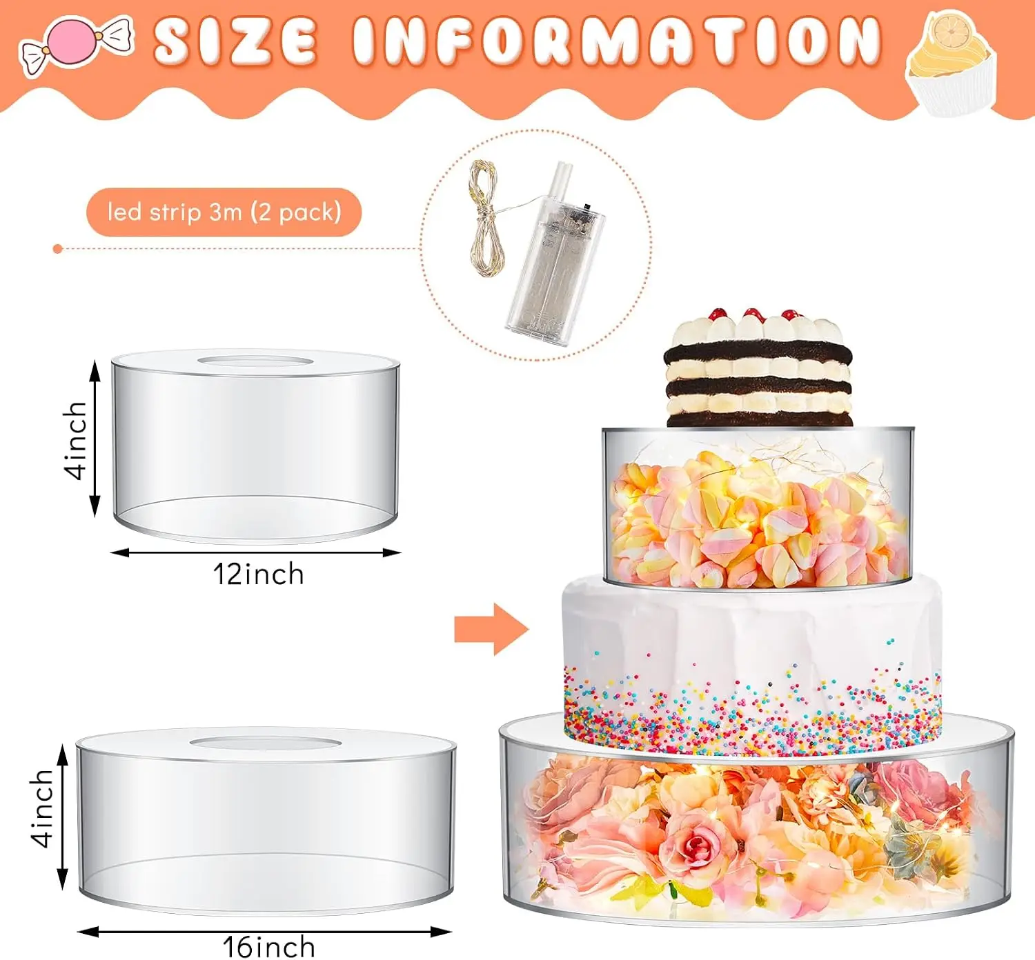 Clear Acrylic Cake Stands 2 Pcs, Fillable Cake Risers with LED String Lights, Cupcake Tiers for Dessert Table Display, Birthday Wedding Holiday Party, 12'' and 16''