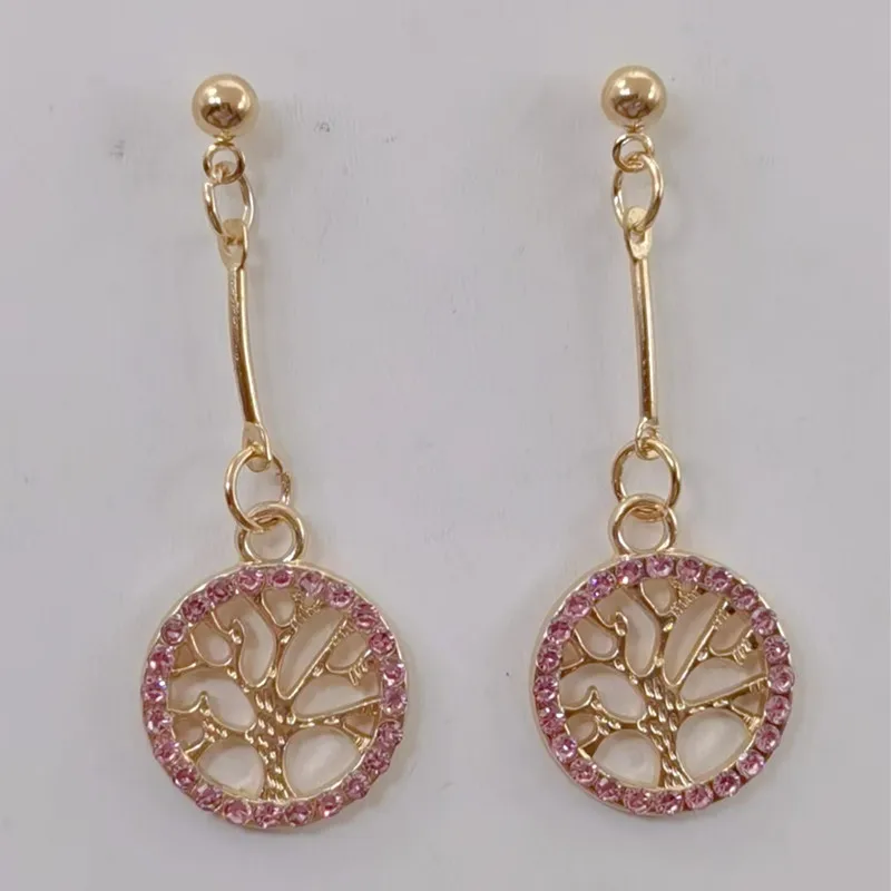 Golden Crystal Tree of Life Earrings Women's Hollow out Tree of Life Pattern Round Dot Diamond Earrings Jewelry Fashion Pendant