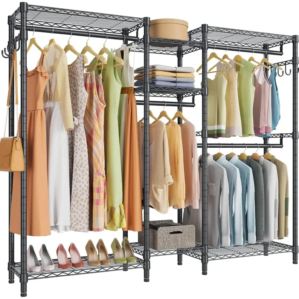 Heavy Duty Clothes Rack for Hanging Clothes, Large Garment Rack with Shelves Portable Closet Wardrobe Rack Freestanding