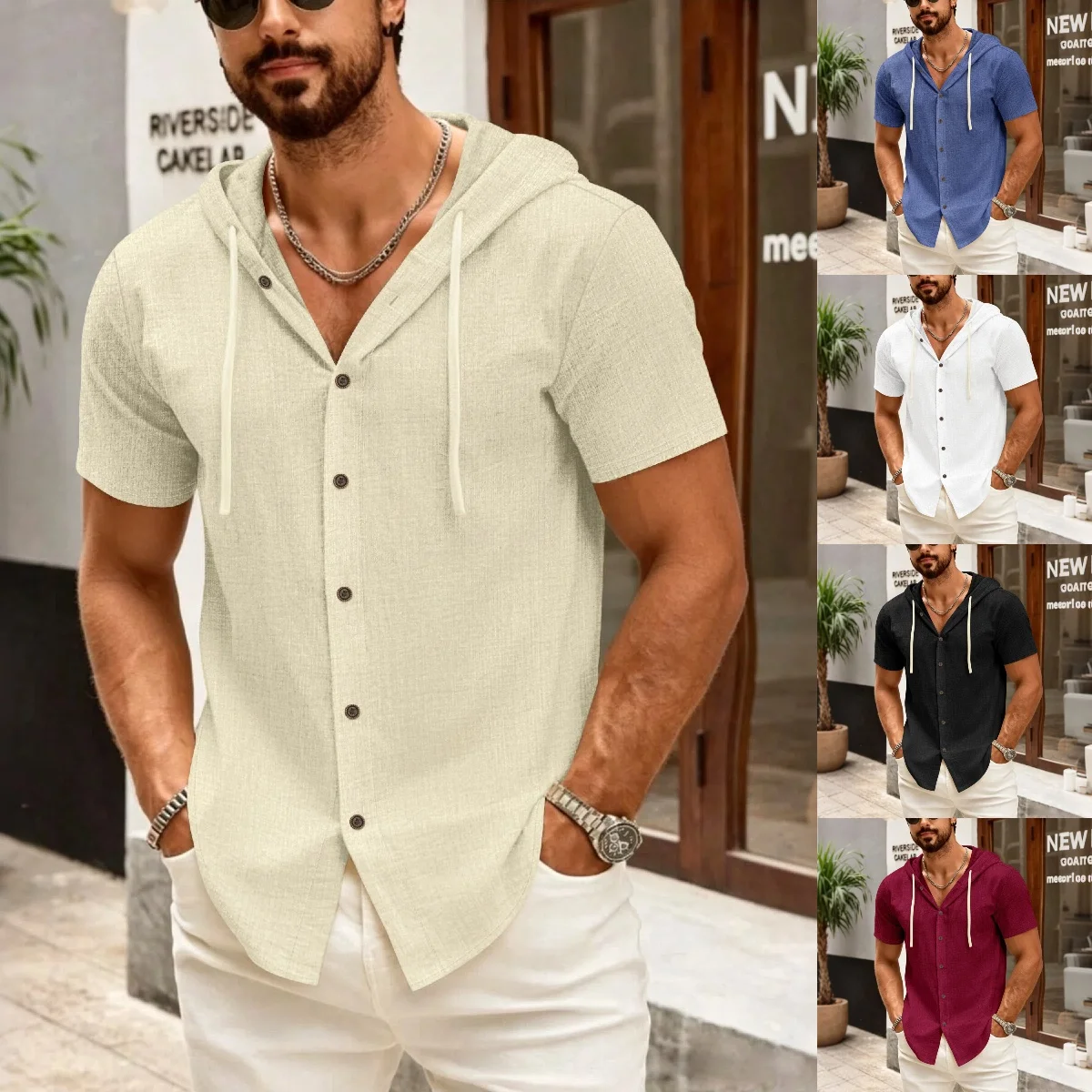 Summer men's lightweight breathable solid-color woven fabric casual loose-fitting comfortable hooded short-sleeved shirt