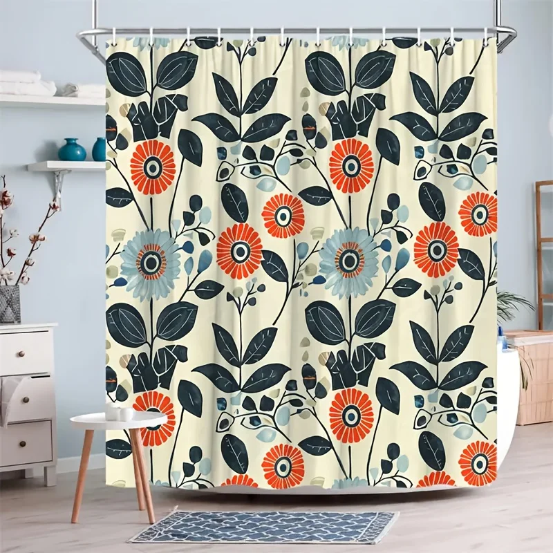 Modern Floral Shower Curtain 72x72 Polyester Washable – Bold Orange & Teal Blooms with Black Leaves on Cream, 12 Hooks