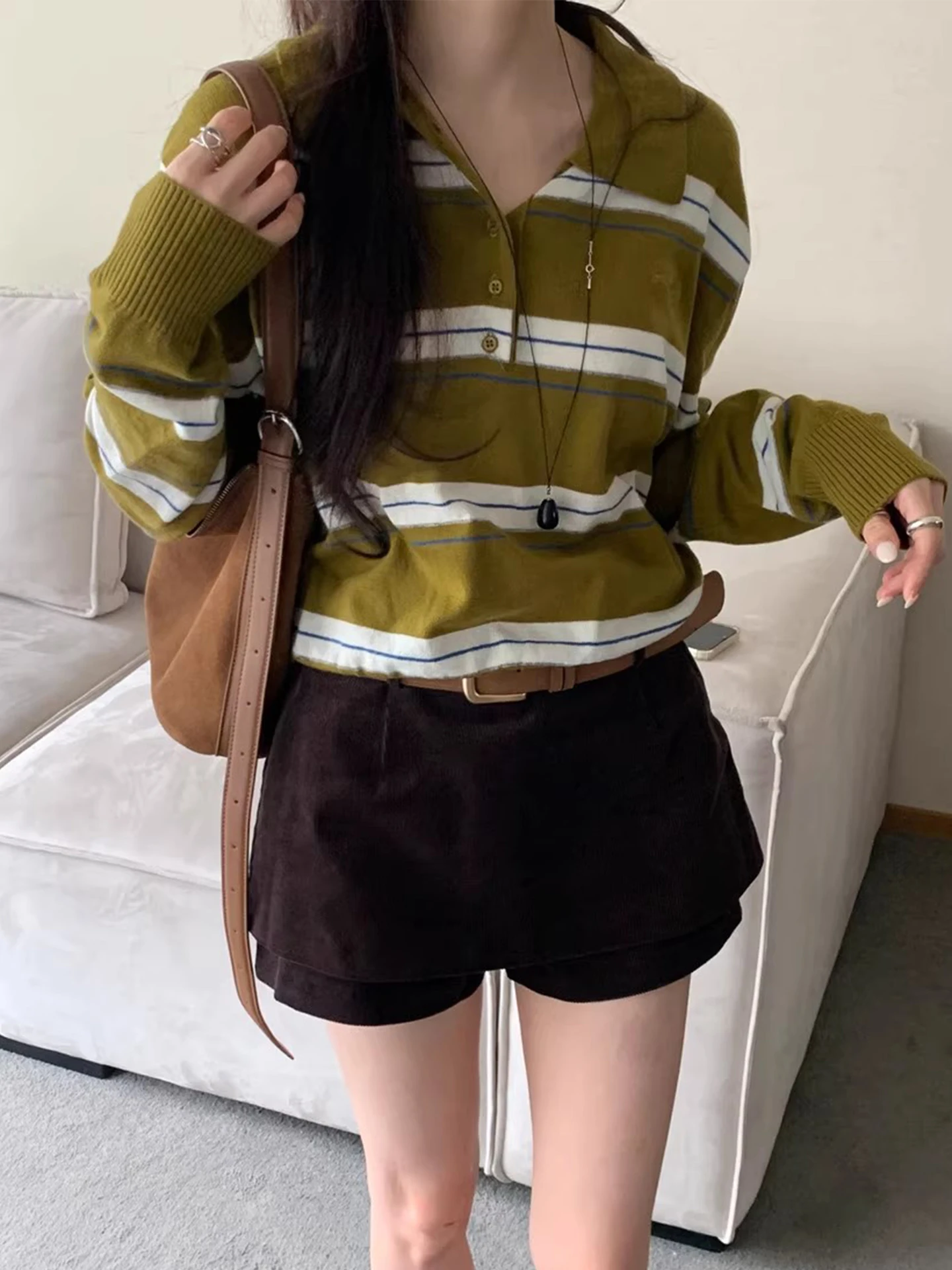 시크한 가을 겨울 신상 레트로 안티에이징 네이지 루즈 컬러 블록 롱 스트라이프 니트 스웨터 여성용