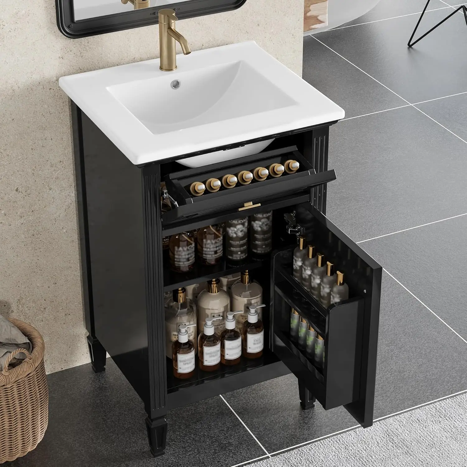 

20" Bathroom Vanity with Sink Wood Frame Water-Resistant Storger Cabinet w/Legs Adjustable Shelf Tilt-Out Drawer Zinc Alloy Knob