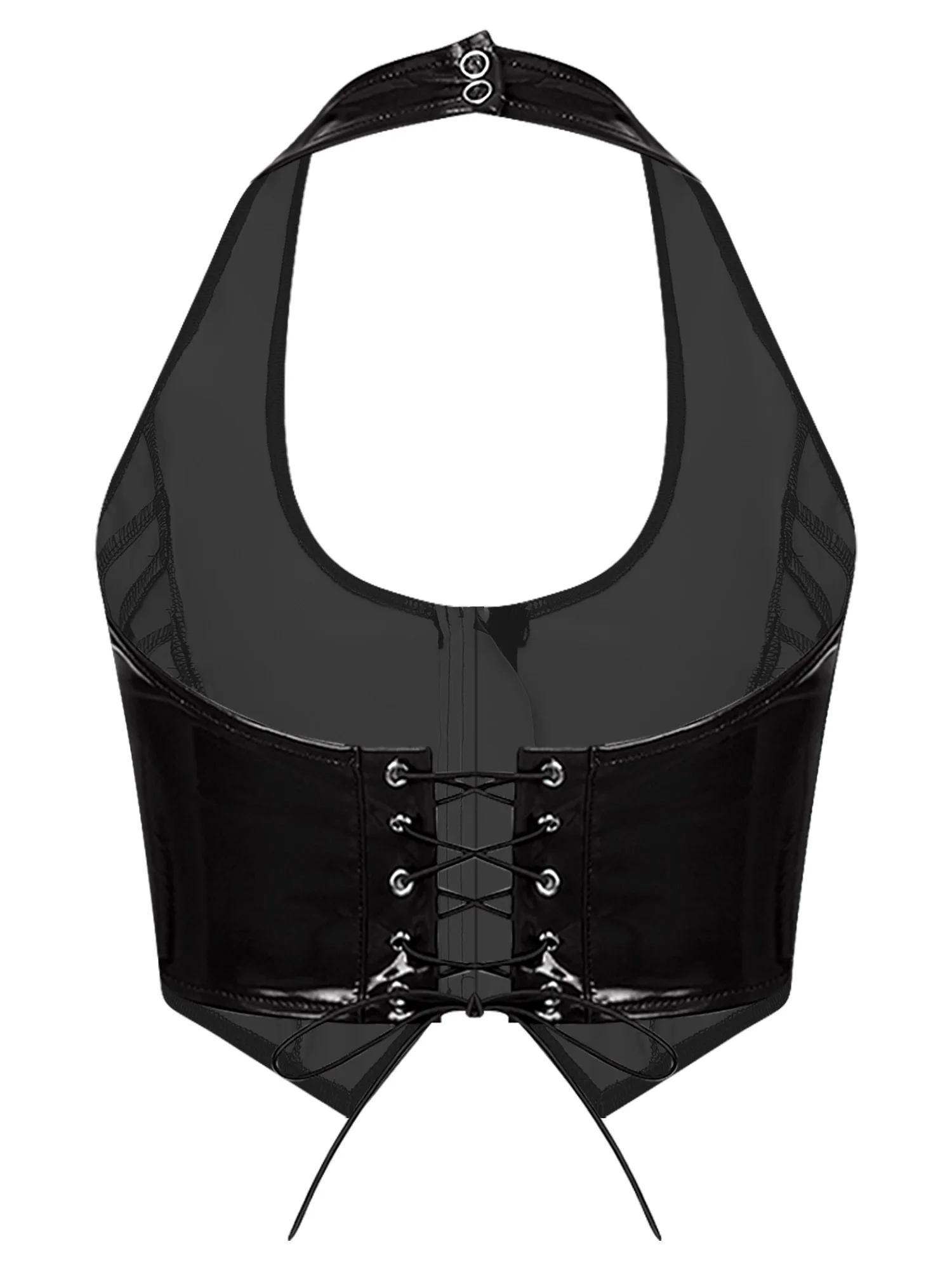 

Women Clubwear Wet Look Glossy PU Leather Clubwear Zip Halter Lace-up Crop Top Built-in Briefs Miniskirt with Garter Clips Set