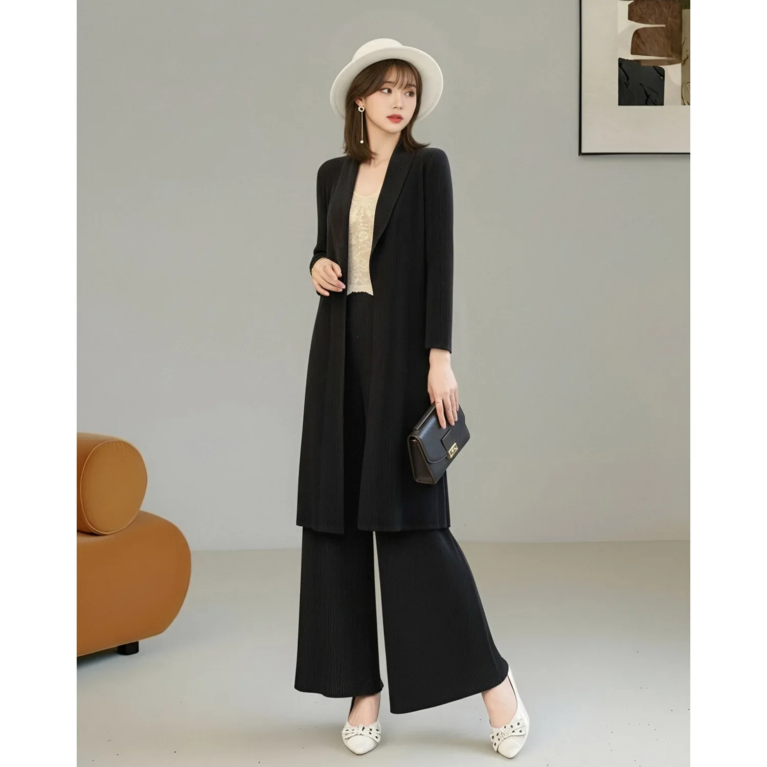 Women Miyake Pleated 2 Piece Set Lapel Long Cardigan High Waist Wide Leg Pants Outfit Spring Autumn view 3