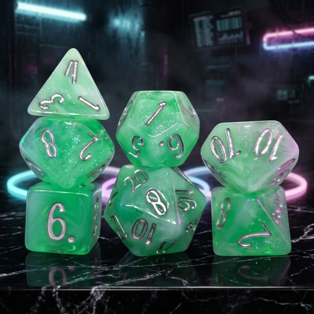 7Pcs Mint Green Swirl Glitter Polyhedral DND Dice Set,Resin RPG Dice With Silver Ink Numbers For TTRPG Tabletop Board Game Dice