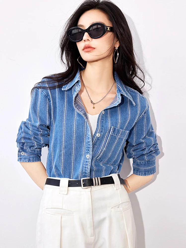 Women Vintage Stripe Denim Shirt Fashion Long Sleeve Single Breasted Blouse 2024 Autumn New Loose Casual Tops