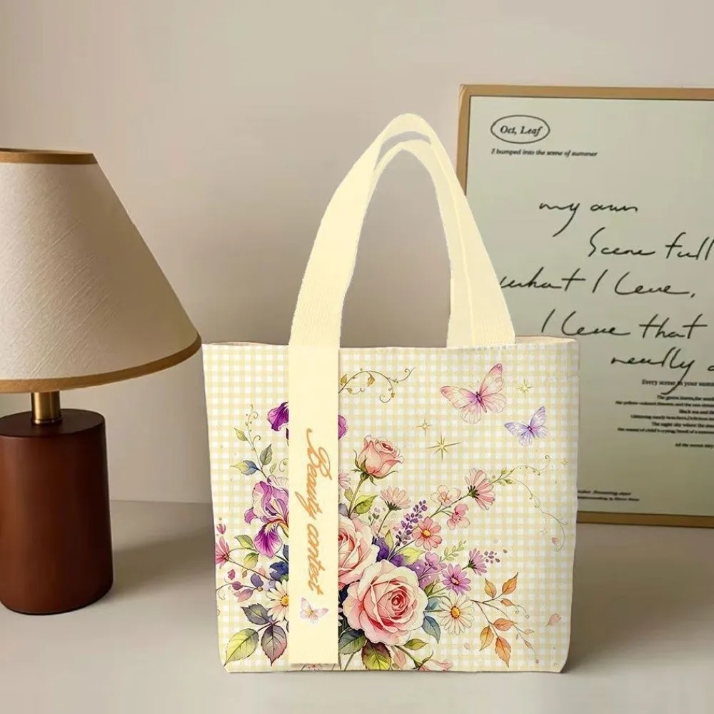 Portable Floral Canvas Tote Bag Large Capacity Lightweight Commute Handbag Reusable Shopping Bag For Work