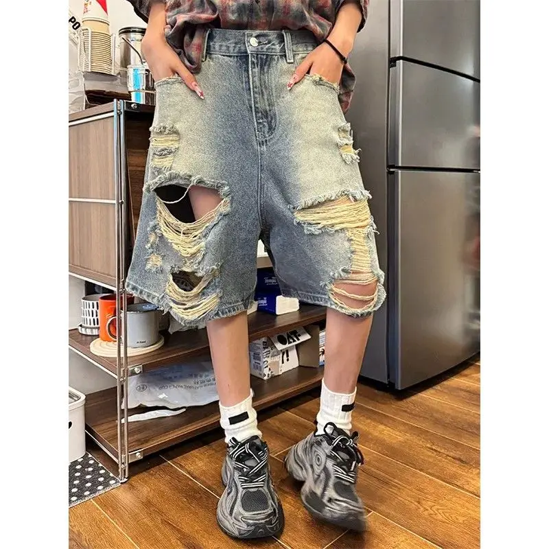 Calças Curtas de Denim Americano Retro, Soltas e Casuais, com Pernas Largas para Homens e Mulheres, Jeans Fashionáveis de Cin...