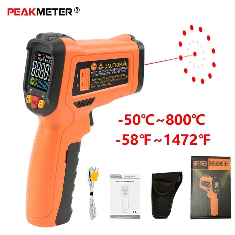 PM6530C PEAKMETER LCD Laser Digital Infrared Thermometer Temperature gun for -50~800℃ featuring K type ambient and bathtub