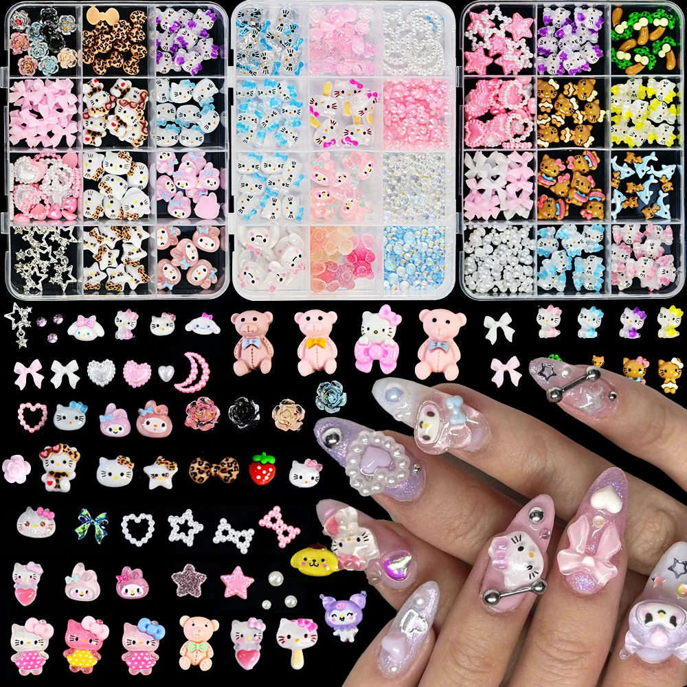 12grid Mix Sanrio Bow Pearl Kuromi Nail Decoration Love Moon Hello Kitty Strawberry Nail Charms Set DIY Nail Parts Gift For Girl