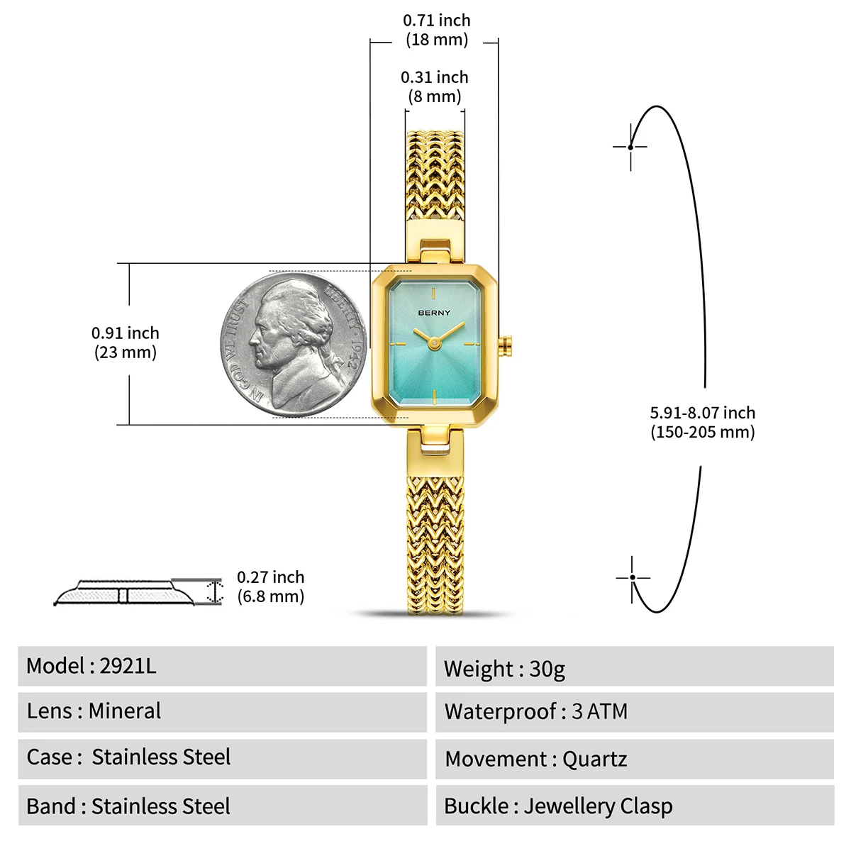 BERNY Rectangle Women Watch Golden Quartz Fashion Minimalist Wrist Watches 3ATM Stainless Steel Watch Band Gold Ladies Watches