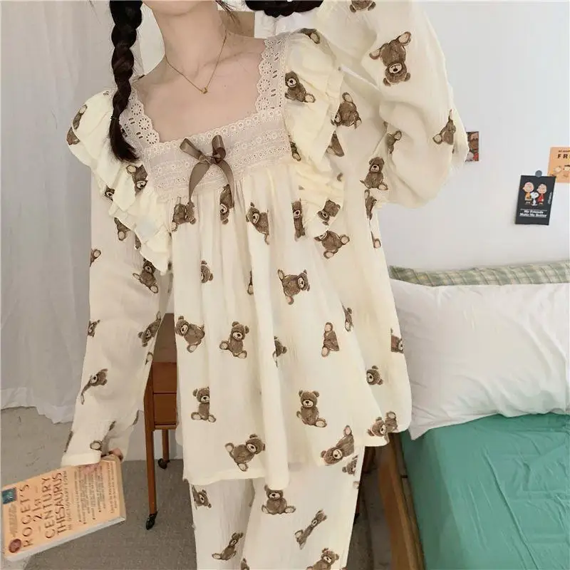 Conjunto de pijama manga comprida de urso feminino, fofo, outono, inverno, novo, calça comprida, loungewear, 2022