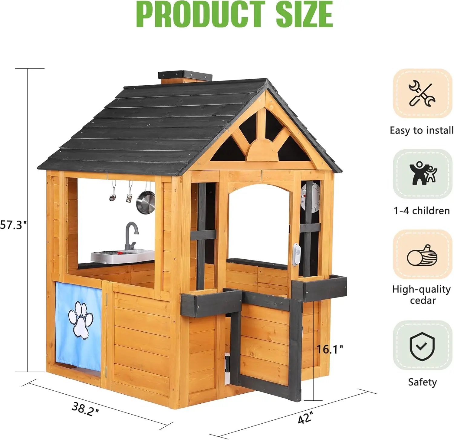 Playhouse infantil ao ar livre, casinha de madeira com cozinha, pia, fogão, panelas, janelas, suportes para vasos de flores, porta para animais de estimação, burlywood