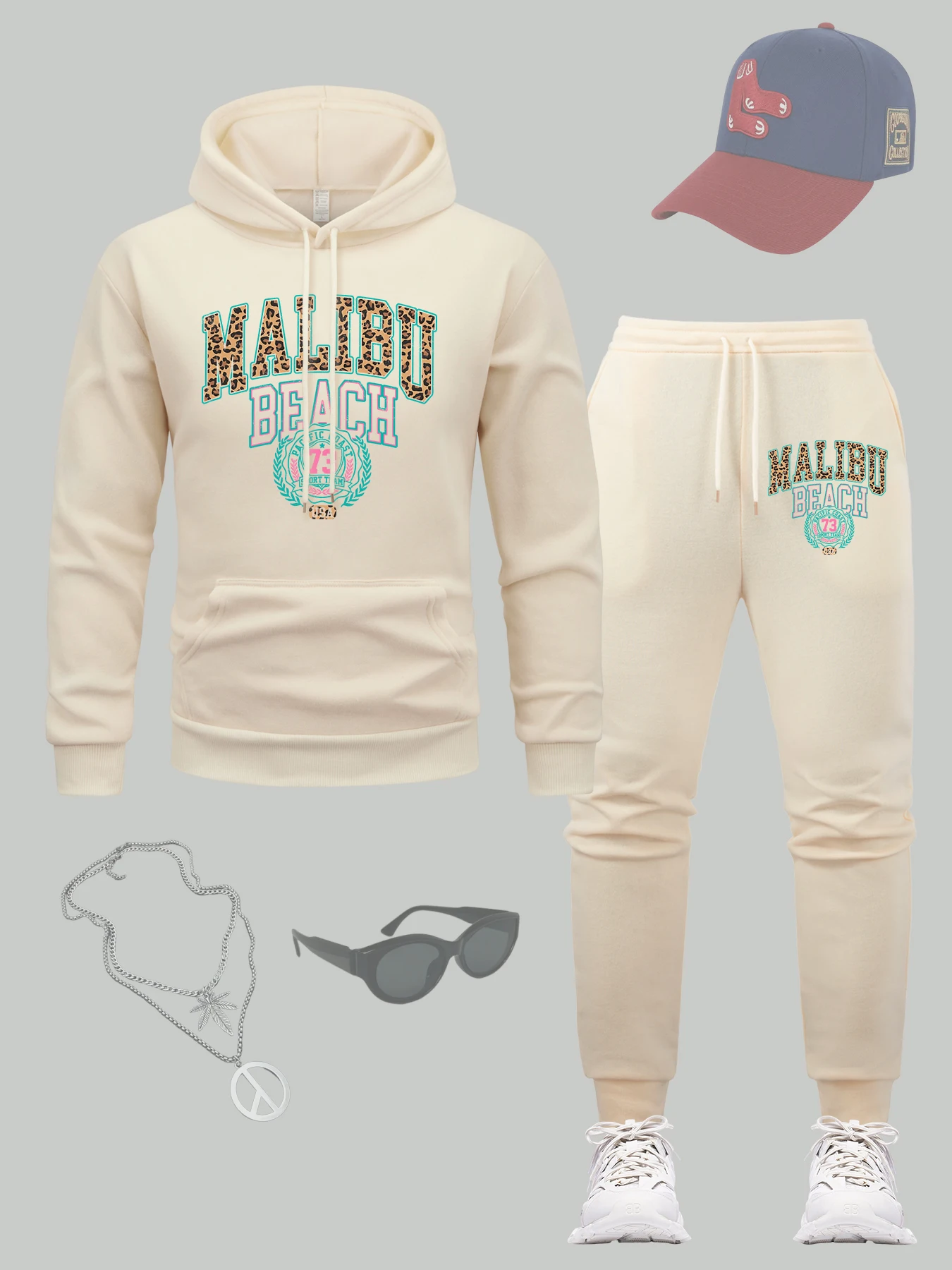 

Malibu Beach 73 Sport Team Pattern Men Hoodie Set Fleece Pocket Sweatpants All-Match Loose Pullover Soft Autumn Hoodies Sets