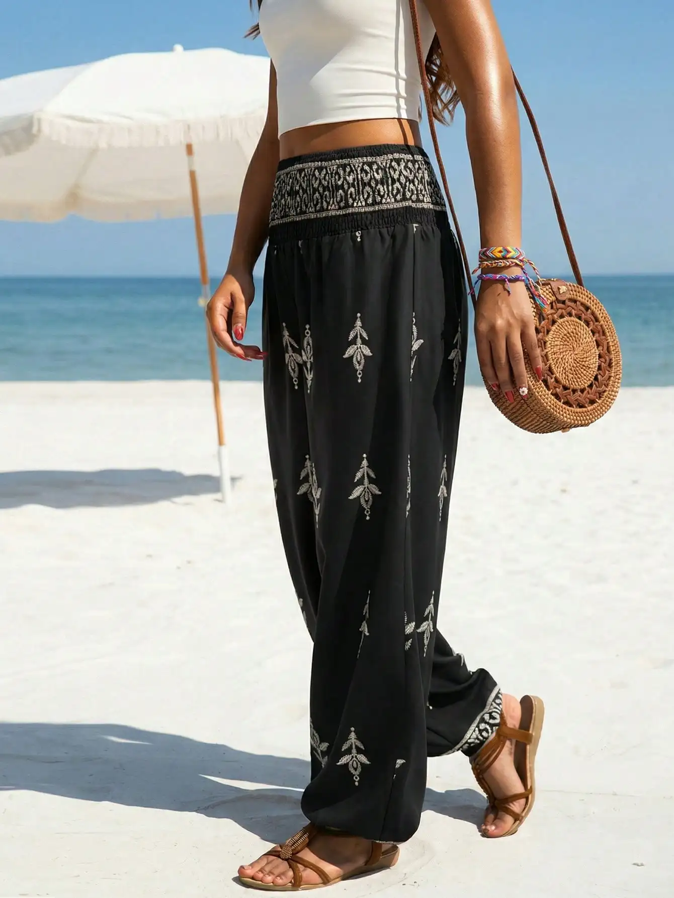 

Women's Summer High Waist Embroidered Wide Leg Capris, Bohemian Beach Pants