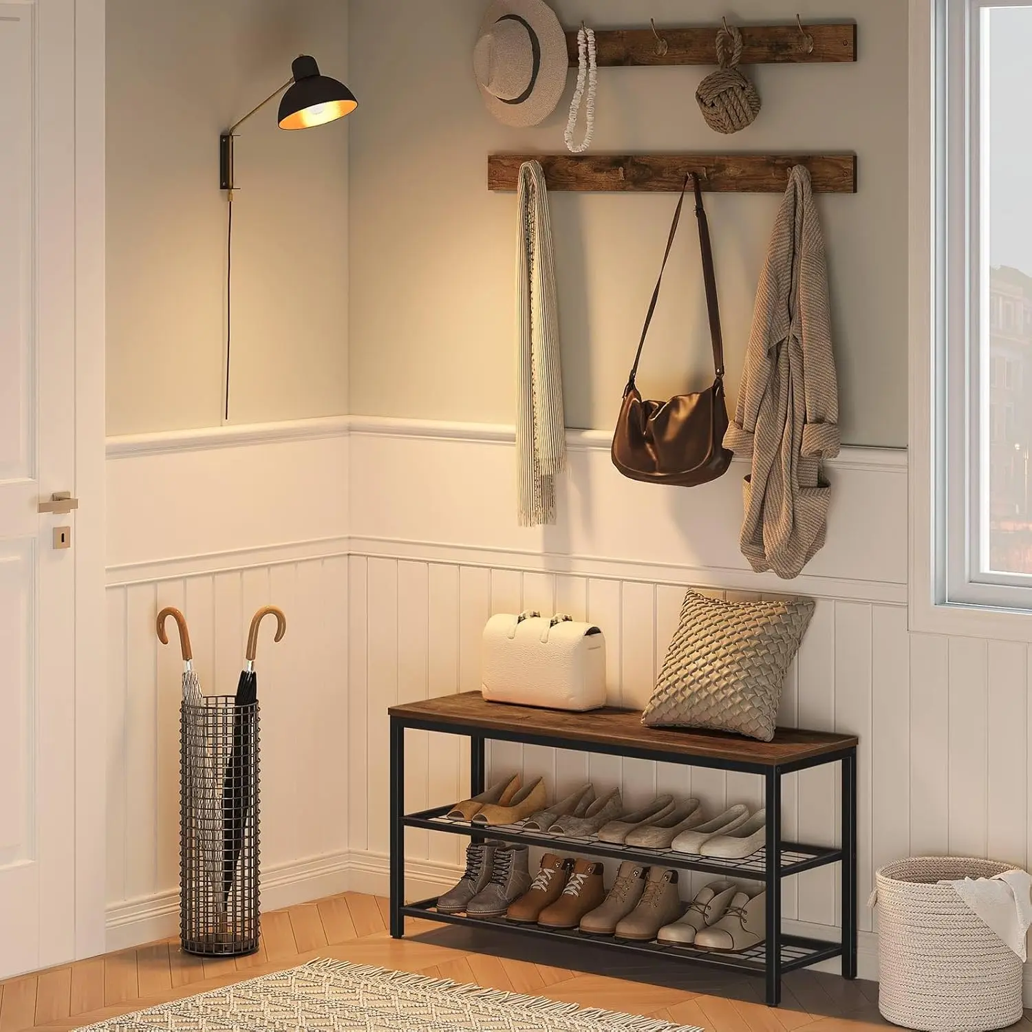 Industrial Hall Tree with Bench, Coat Rack Shoe Storage Set for Entryway, Rustic Brown