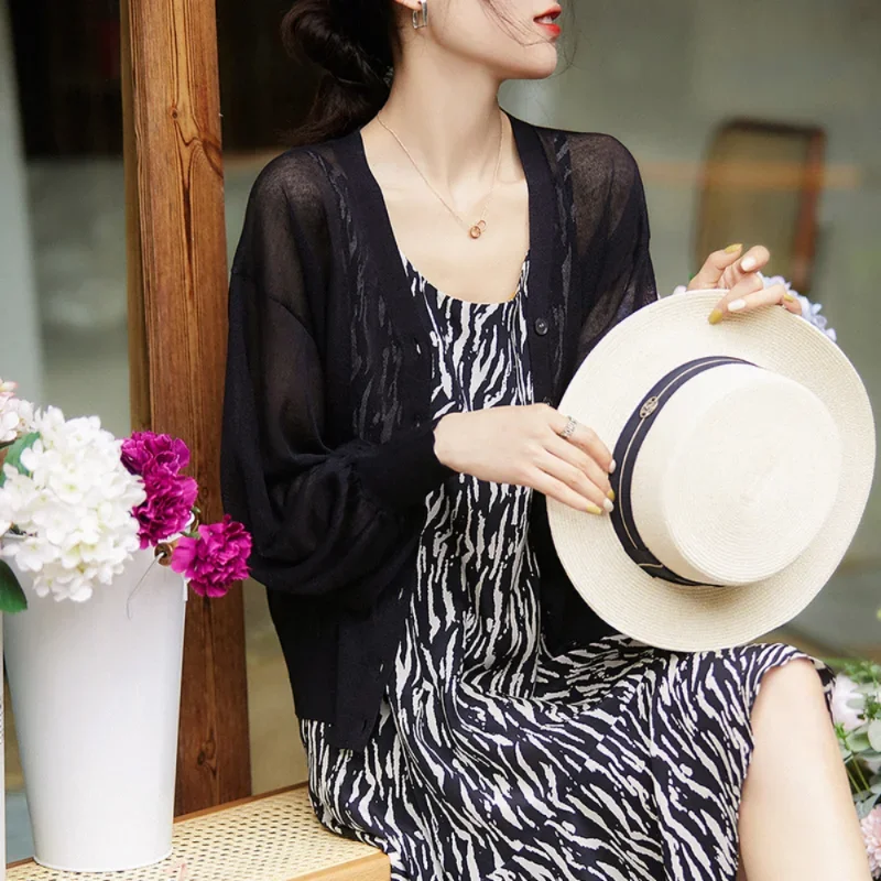 See-through Cardigan Women Thin Summer Knitted Simple Casual Solid Temperament Single Breasted Sheer Vacation Mujer Clothes Ropa