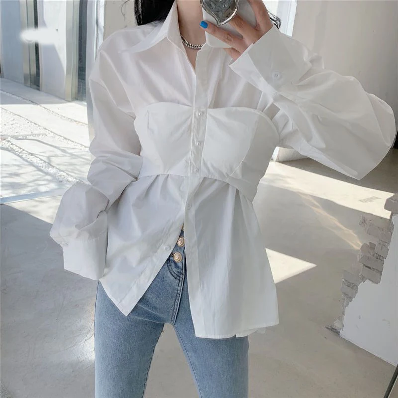 

Design Women Korean White Shirt Elegant Fashion Patchwork Sexy Slim Blouse Autumn Long Sleeve Turn Down Collar Ladies Tops