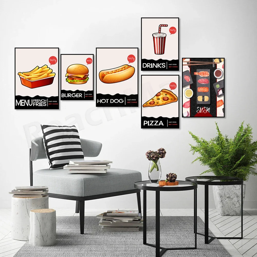 البطاطس المقلية والبرجر والبيتزا - ملصقات قماشية محبة للطعام مناسبة للمطابخ والمطاعم والديكور المنزلي.