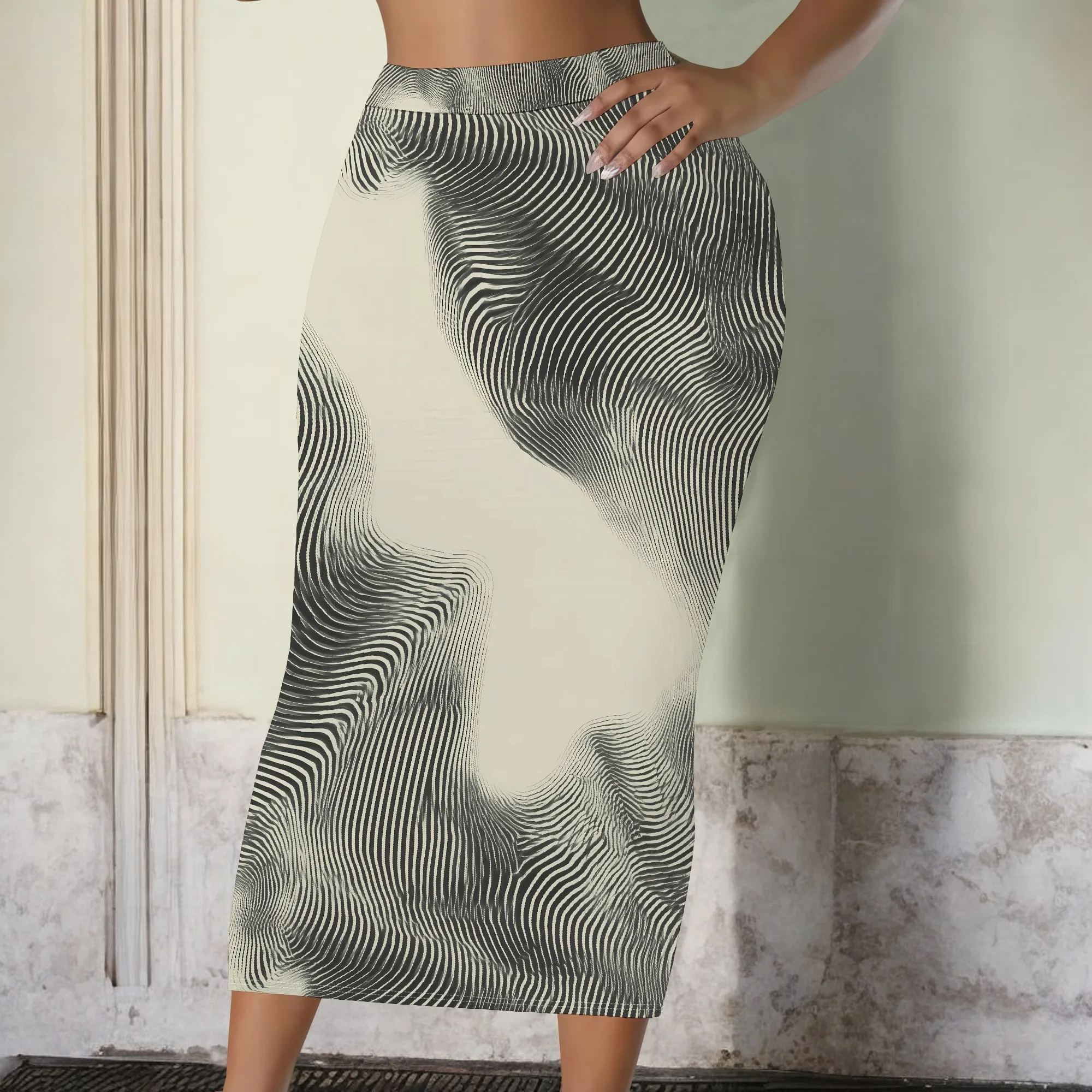 Printed Midi Skirt, Black & White Wave Pattern Pencil Skirt, Stretchy Bodycon Skirt for Women, Casual Party Wear, S-2XL