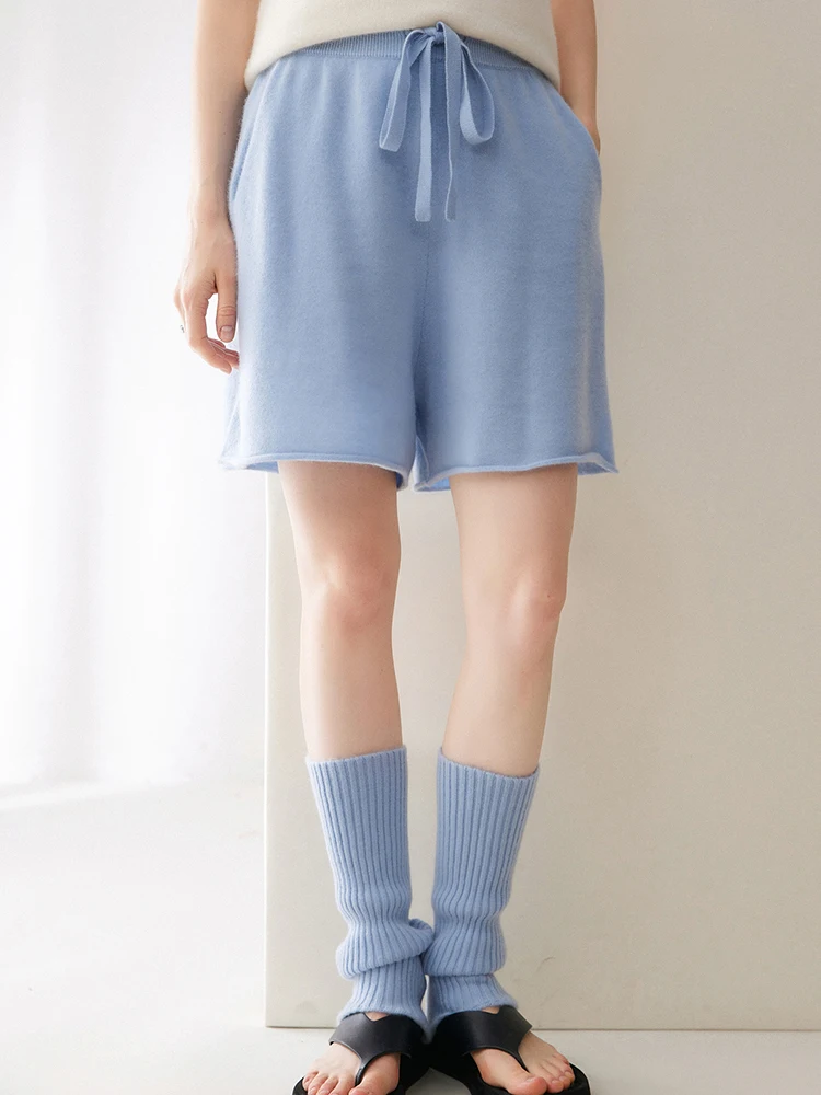 TLOML Women's 100% Cashmere Knitwear Loose Rolled Edge Drawstring Shorts Autumn Winter Cashmere Knit Soft Casual Comfy Trousers