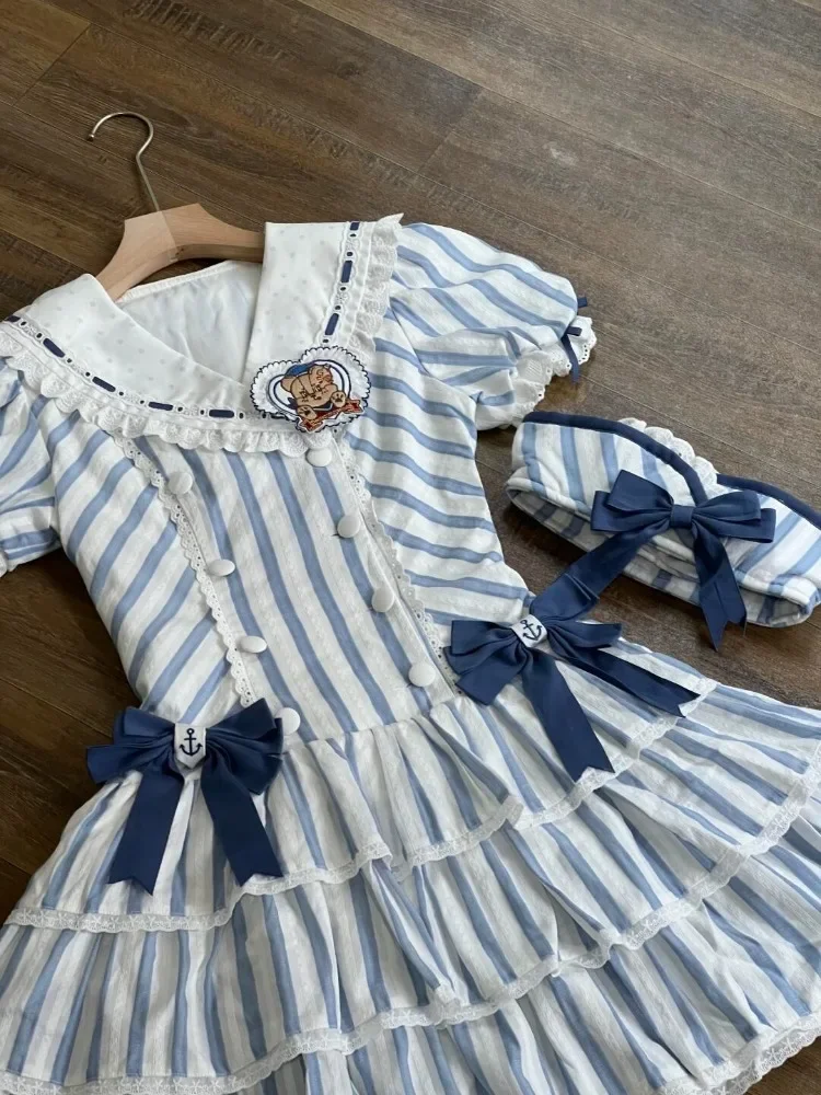 Verão doce lolita vestido de marinheiro para meninas feminino azul branco listra arco plissado em camadas saia puff manga kawaii bonito outfit 2025