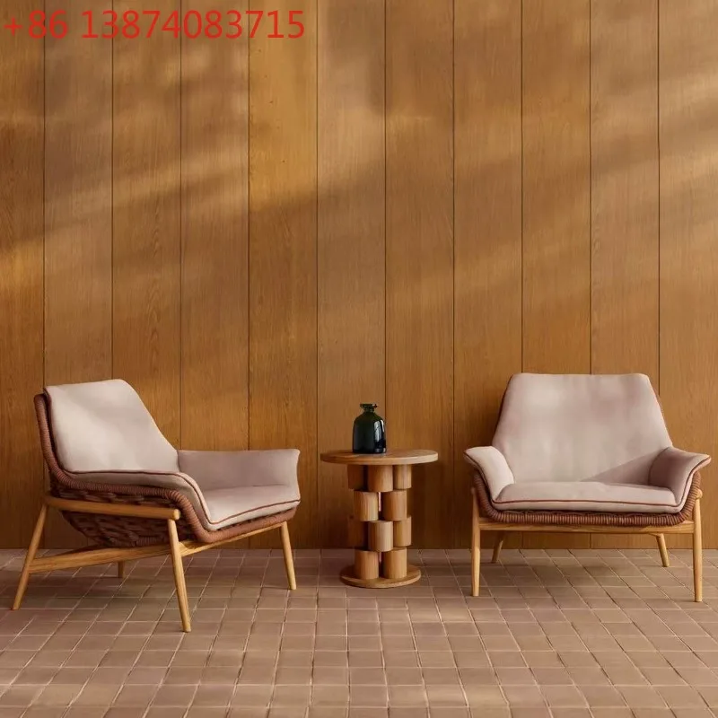 Outdoor rattan solid wood sofa coffee table combination, waterproof open-air leisure furniture