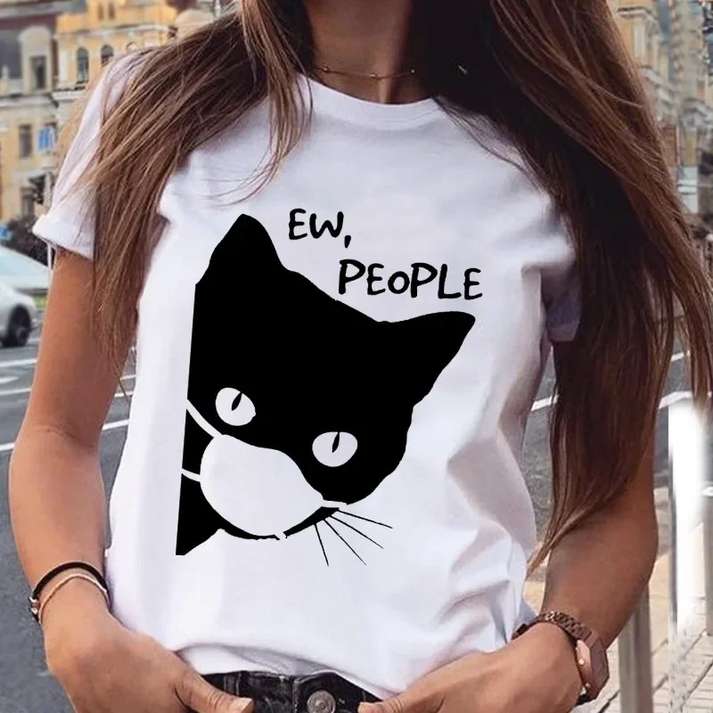 Fashion Women's Cute Cat Animal Print T-shirt Crew-neck Women's T-shirt Tops  Women Clothing Graphic T Shirts Harajuku Aesthetic