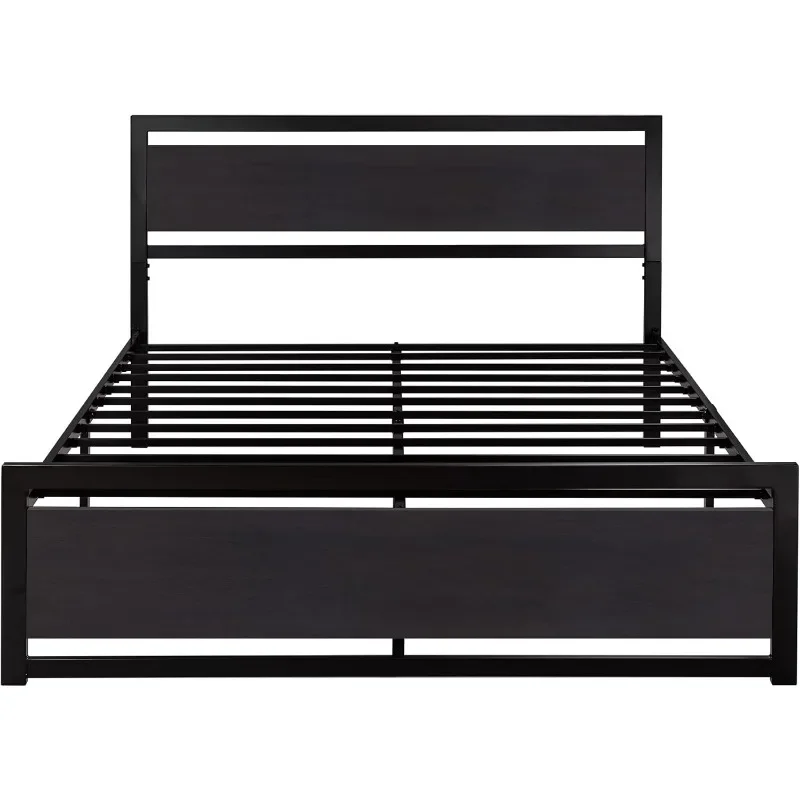 ZHENXIANG Bed Frame with Modern Wooden Headboard/Heavy Duty Platform Metal Bed Frame with Square Frame Footboard & Metal Slats