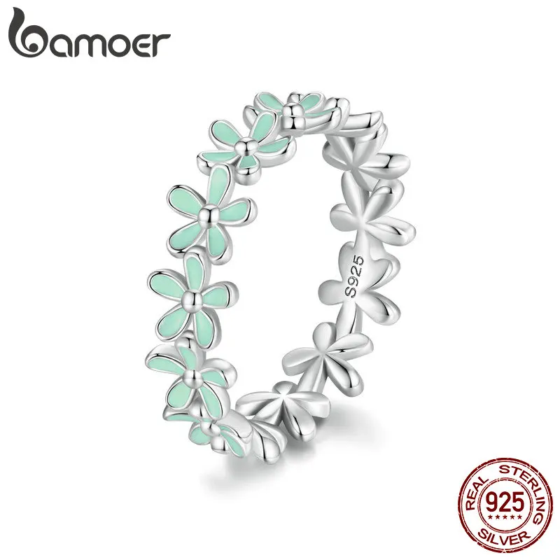 Bamoer 925 Sterling Silver Green Wreath Finger Ring Enamel Flower Ring for Women Valentine's Day Gift Romantic Fine Jewelry