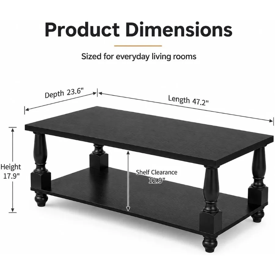 47 Farmhouse Coffee Table with Storage for Living Room, Solid Wood, Black, Rustic Style and Ample Under-Table Space