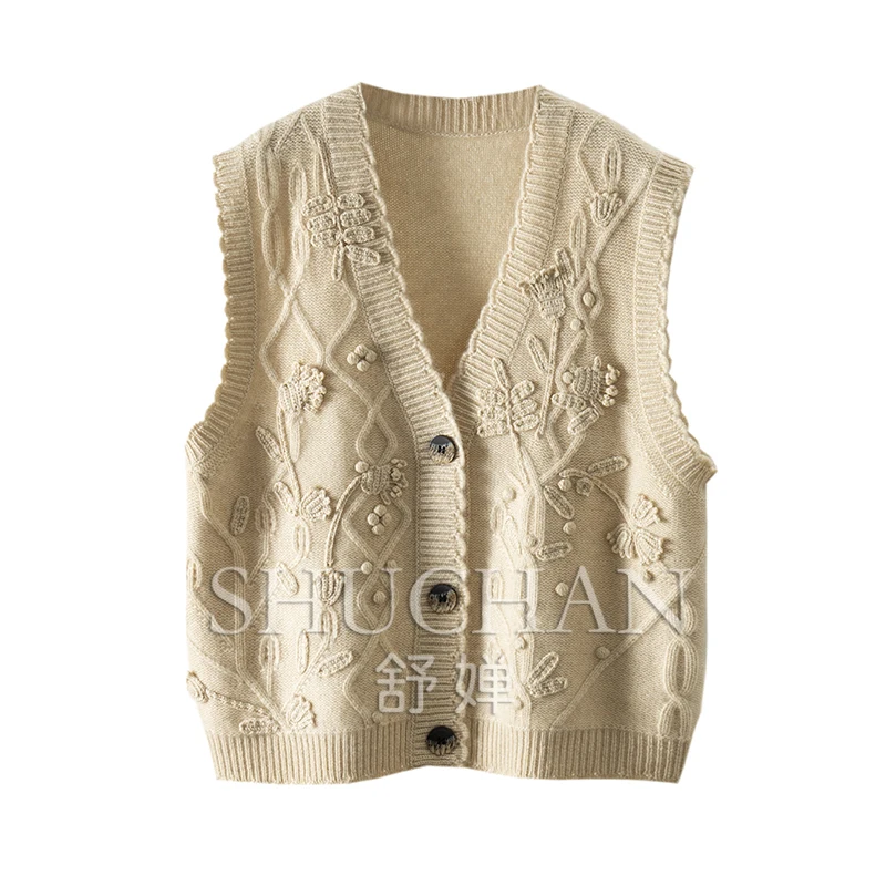 Appliques Hand-embroidered Cashmere Sweater Vest Cardigan Women 2024 New Autumn Winter Sleeveless