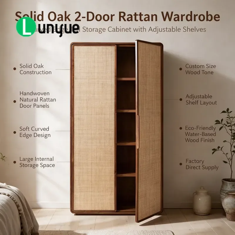 Modern Woven Panel Wardrobe 2 Door Log Frame High Profile Bedroom Storage Cabinet Furniture for Home Organization