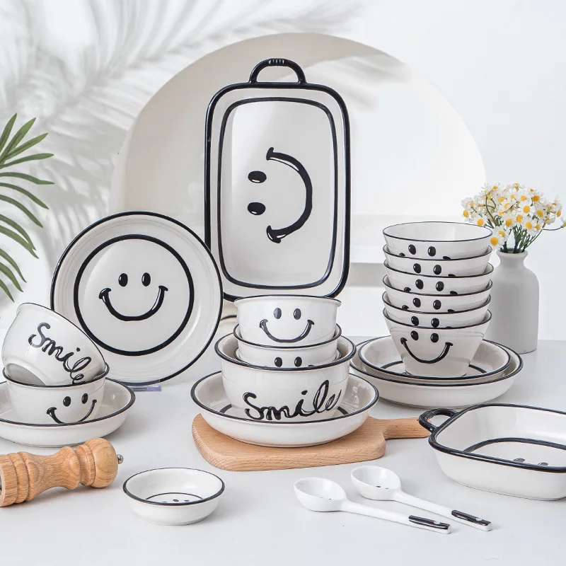 1Set Smile Ceramic Tableware Set Bowl Spoon Dish Set Porcelain Breakfast Dessert Plates Dishes Noodle Bowl Coffee Cup Home Decor view 2