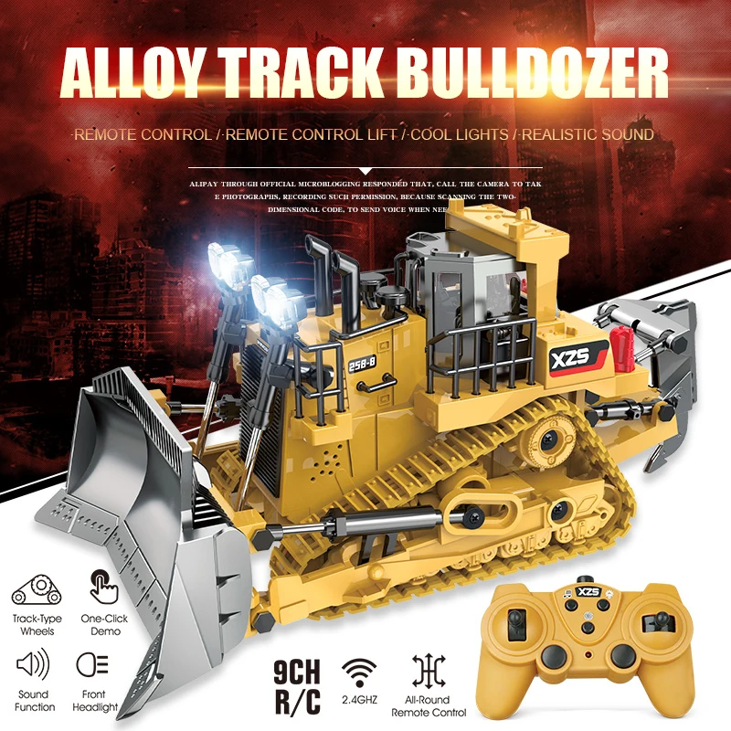 1:24 9CH RC Bulldozer Truck Car Crawler Type Alloy Shovel Engineering Forklift Heavy Excavator Children\'s Toys Gifts for Kids