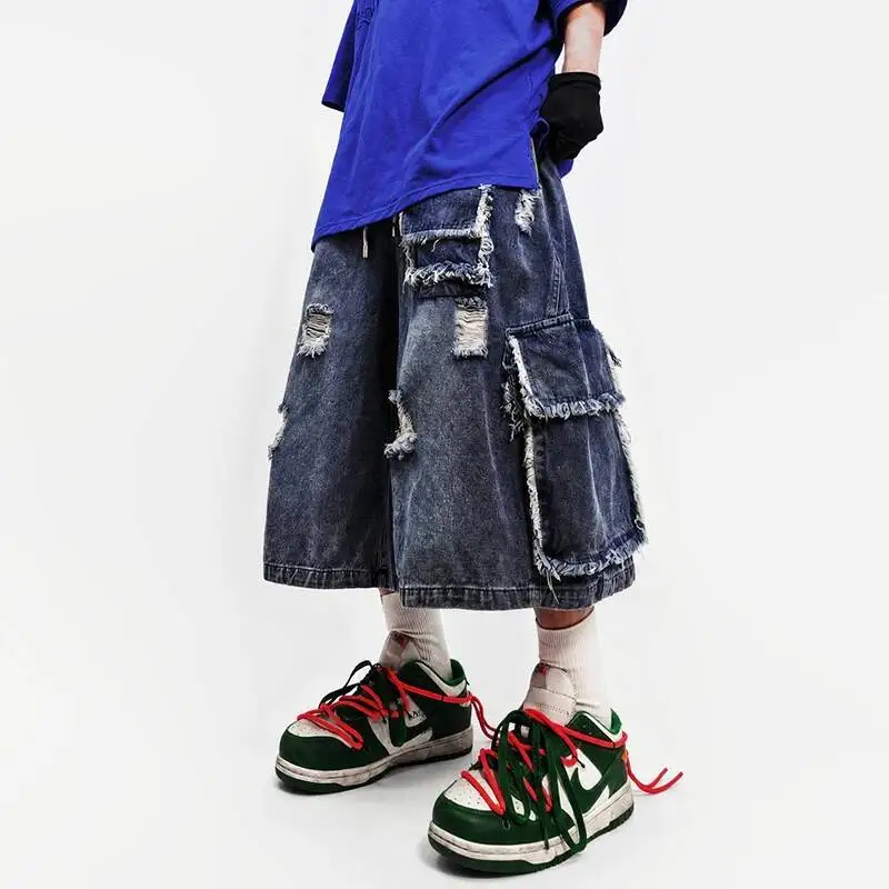 LUZHEN 2026 Summer Burr Big Pockets Decorate Baggy Straight Cargo Denim Cropped Trousers Men's Street Broken Hole Jeans JY7620