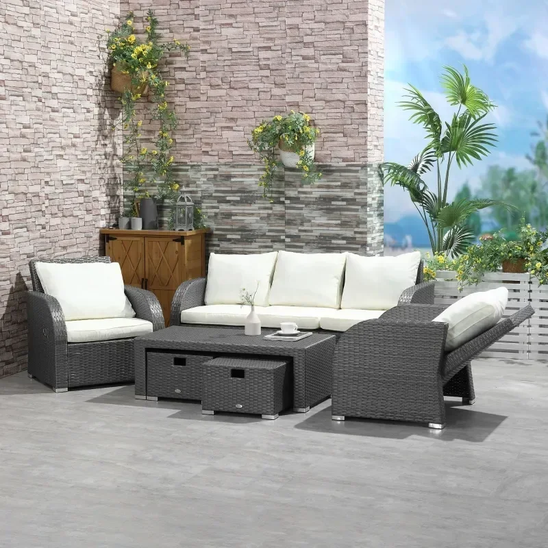 

6-Piece Outdoor Rattan Patio Sectional Sofa Set W/ 3-Seat Couch, 2 Recliners, 2 Ottoman Footrests, Coffee Table Conversation Set