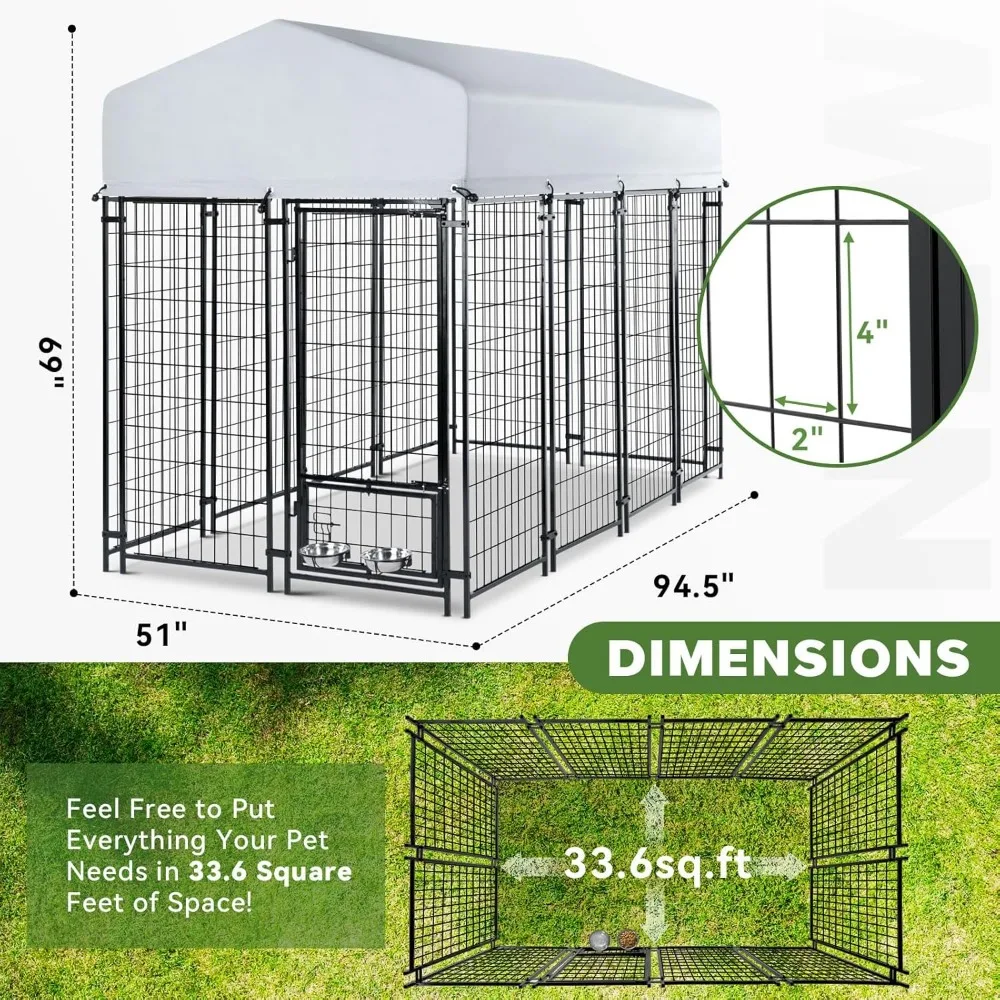 Dog Kennel Outside for Large Dogs Pen Outdoor with Roof Dogs Run Enclosure with 2 Rotating Dogs Bowls Heavy Duty Dog House