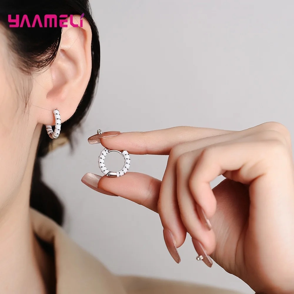 S925 Jewelry 925 Sterling Silver Round Circle Hoop Earrings New Trend White Black Pink Enameled Women Girl Fashion Accessory