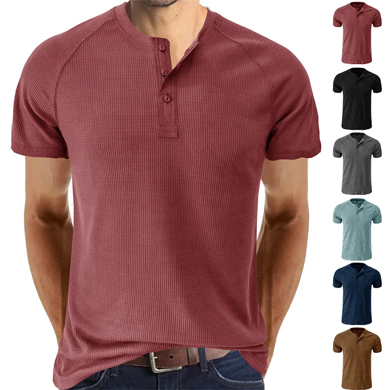 Summer Men's Short Sleeved T-shirts Henley Collar Solid Casual Top Single Breasted Pocket TShirt Soft Comfy Bottoming Shirt