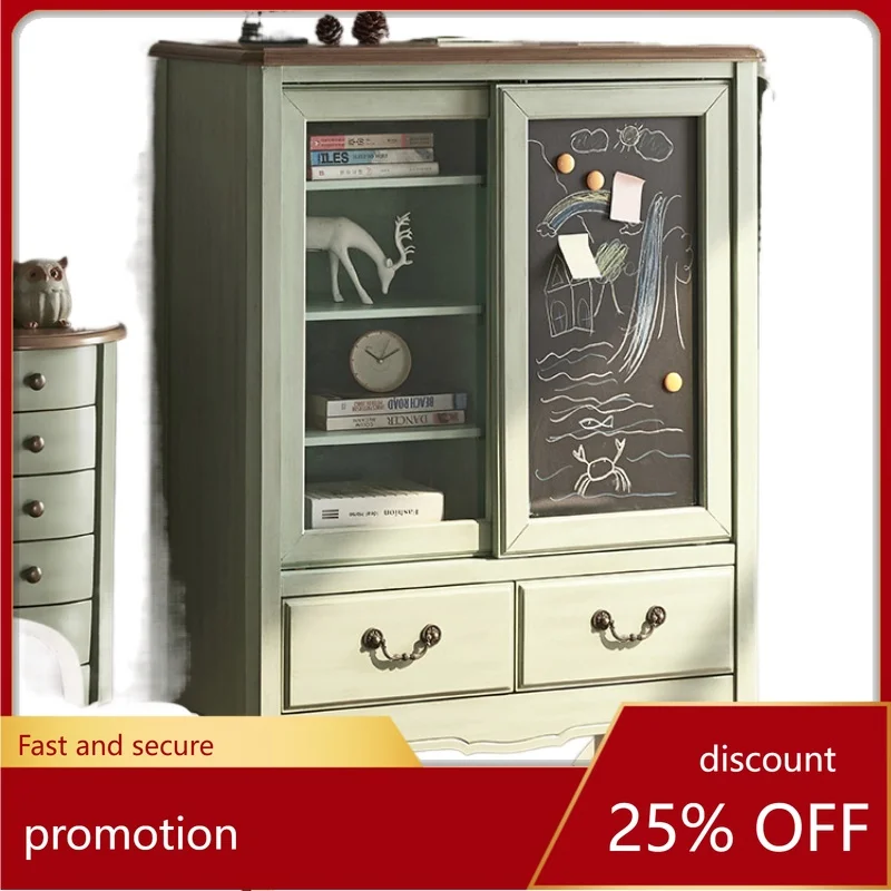 

CZ Children's Blackboard Cabinet Solid Wood Bookcase Floor Short Bookcase Storage Rack with Glass Door Push Pull Pull Pull