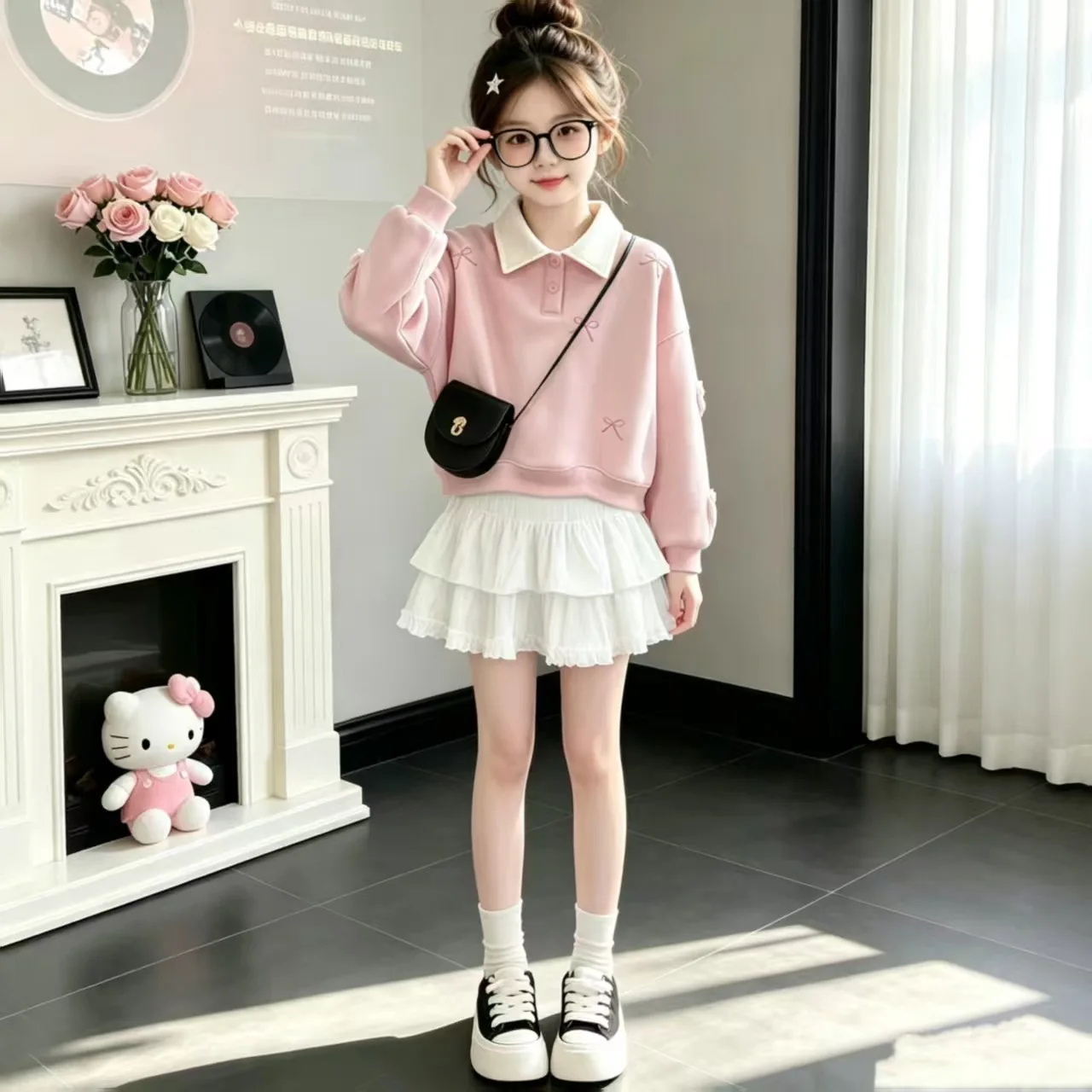 2026 autumn girls Cloth Child set LONG sleeve Teens t shirt top HOODED sweatshirt + JK pleated lace tutu skirt 4 8 11 10 12 year