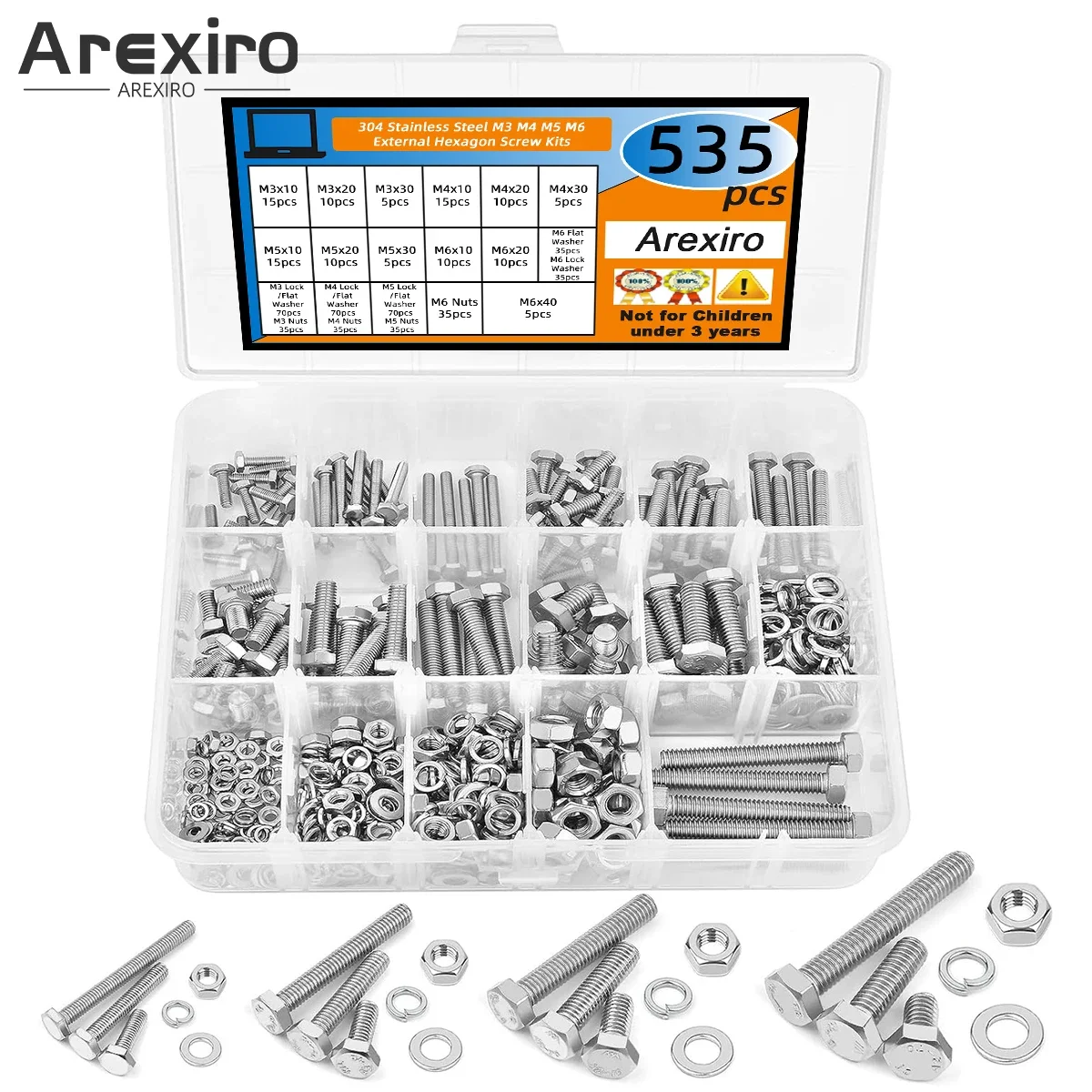 

535 шт. M3 M4 M5 M6 шестигранные винты, набор винтов из нержавеющей стали с гайками, шайбами, болтами, винтами с полной резьбой