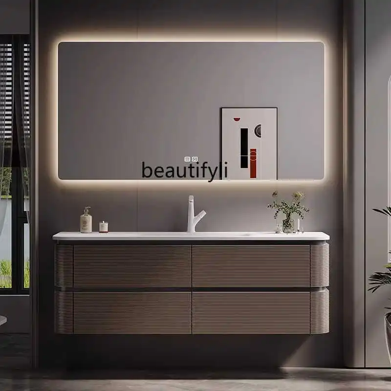 

Modern light luxury arc bathroom cabinet combination washstand Modern light luxury Corian integrated basin