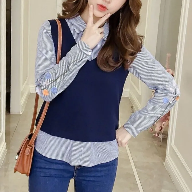 

Spring Autumn New Fashion Polo Neck Long Sleeved Blouse Striped Blouses Casual Buttons Loose Popularity Clothing Women's Shirt