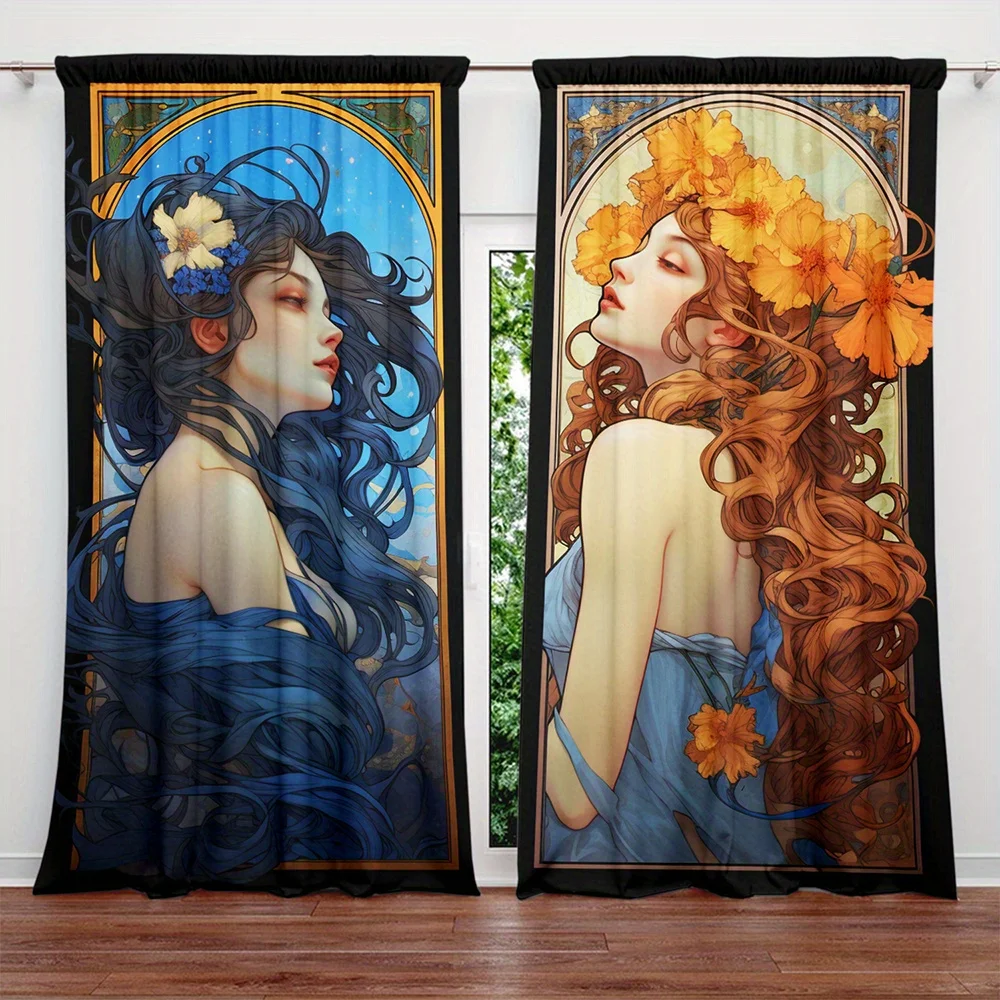 Art Nouveau Woman Curtains, Vintage Floral Goddess Window Drapes, Aesthetic Decor Blackout Fabric for Living Room Bedroom Studio