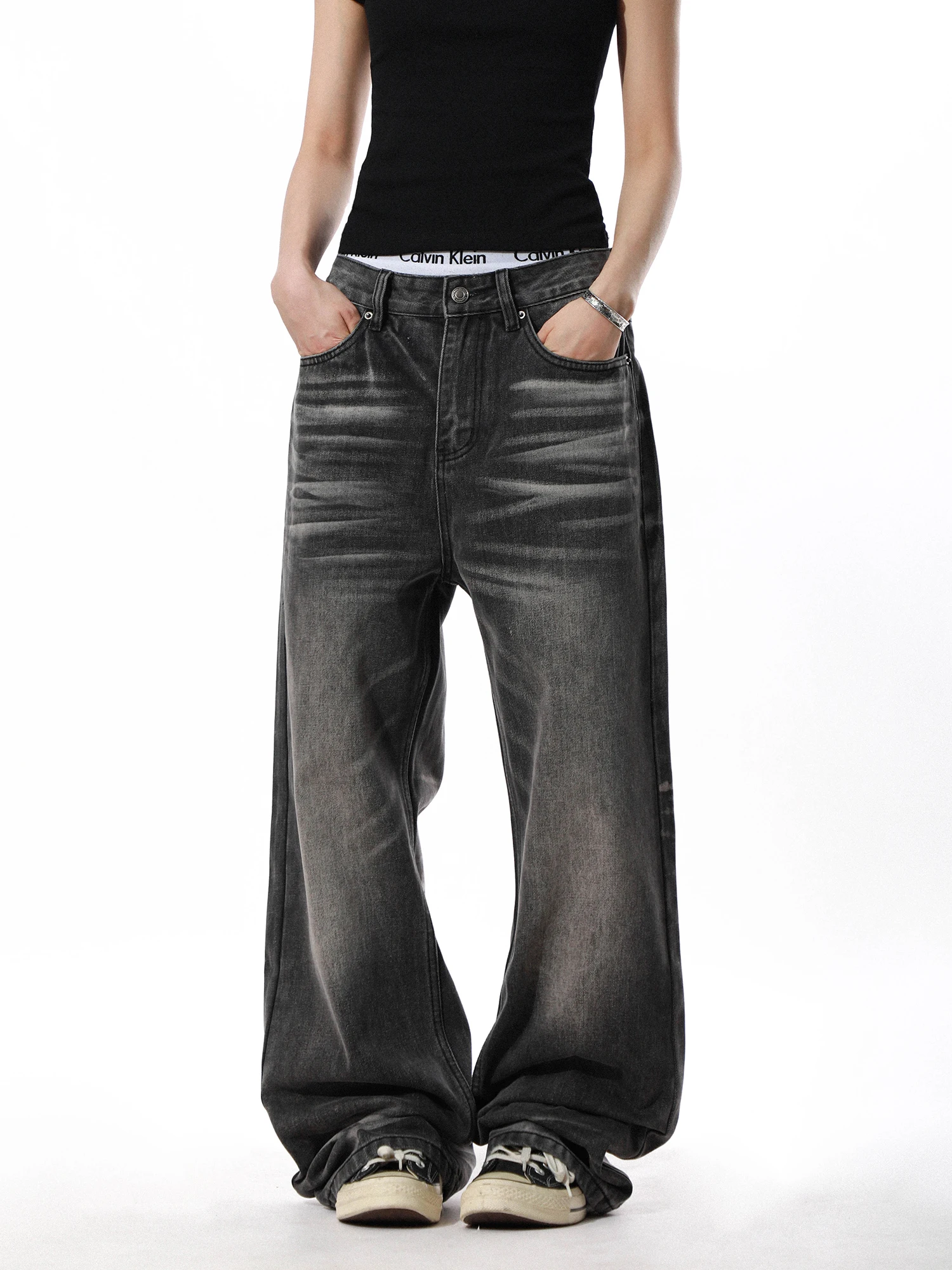 American Retro Washed  Straight Leg Jeans Men Loose Slimming Wide Leg Couple Pants mid Waist Button Pure Color