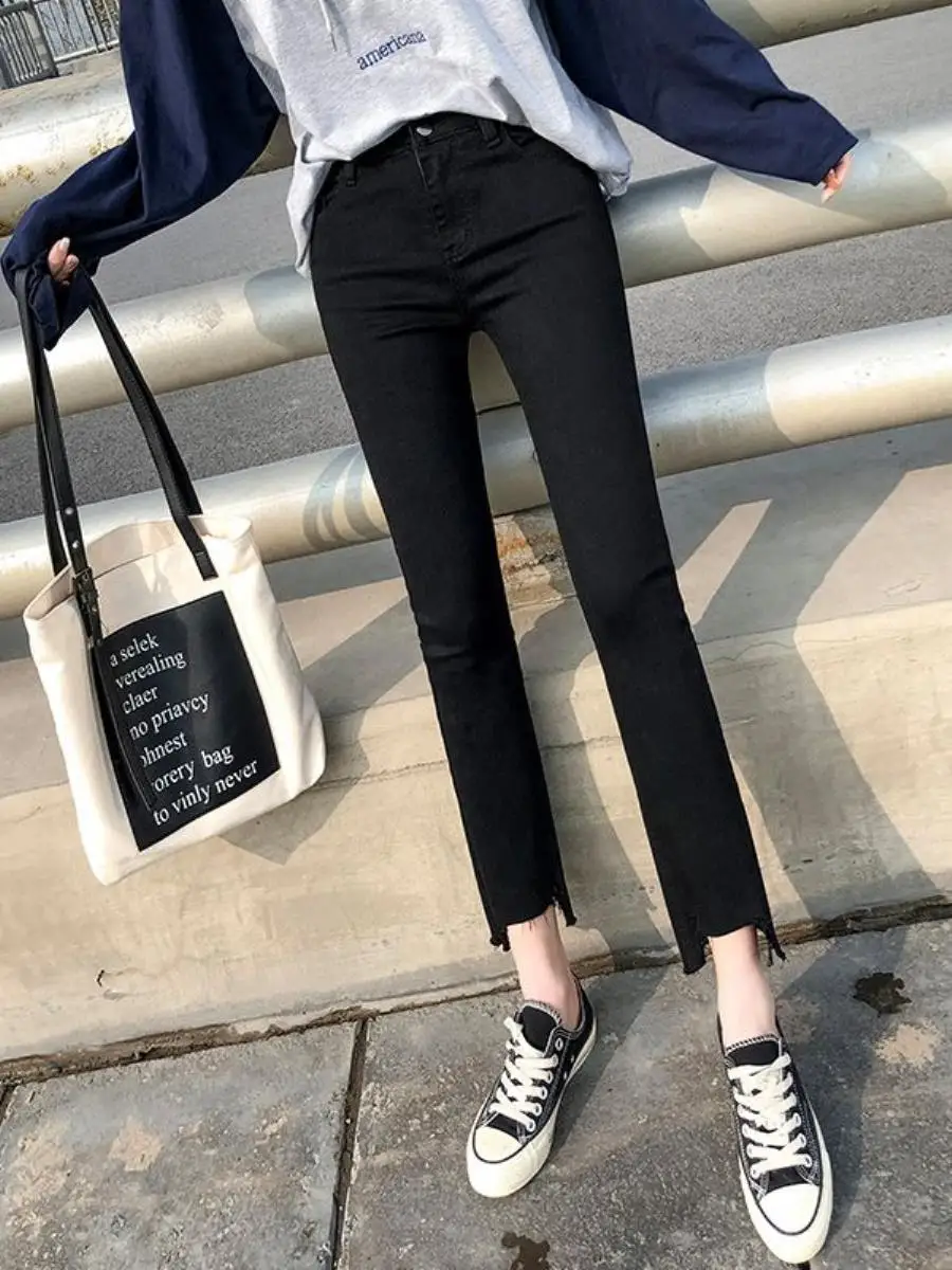calca-jeans-feminina-preta-de-cintura-alta-com-perna-reta-elastica-modelo-slim-fit-para-estudantes-comprimento-7-8-com-bo