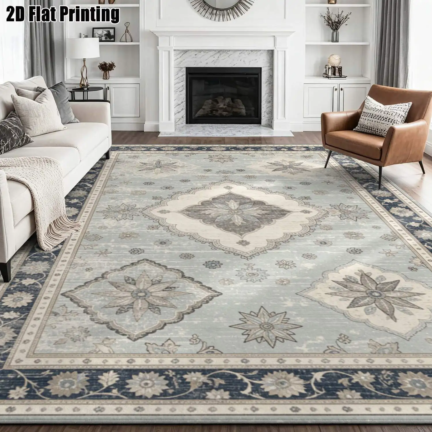 1Pc 2D Printed Blue-Gray Geometric Carpet Multi-Style Options: European, Vintage, Minimalist, Nordic, Instagram. Machine Washable, Multiple Sizes. Ideal for Entrance, Dining Room, Foyer, Bedroom, Living Room as a Floor Mat/Home Decor.